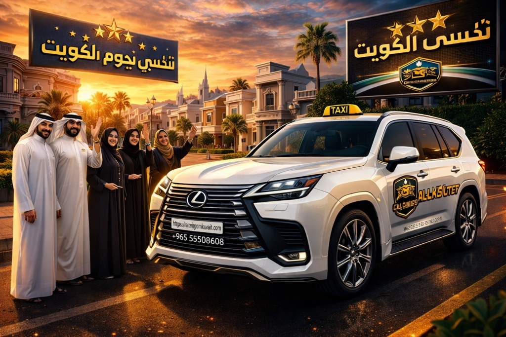 تاكسي نجوم الكويت - سيارة لكسر LX 2026 بيضاء فخمة في منطقة الخالدية وقت الغروب مع شعار الشركة ورقم الهاتف.