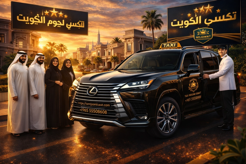 تاكسي نجوم الكويت - سيارة لكسر LX 2026 سوداء فخمة مع سائق يفتح الباب لركاب كويتيين في منطقة الخالدية وقت الغروب.