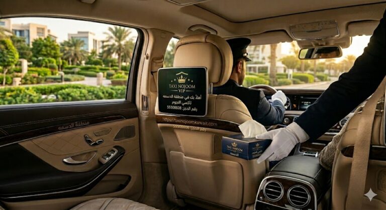 تاكسي الدسمه - خدمة VIP ملكية من تكسي النجوم الكويت مع سائق يرتدي قفازات بيضاء داخل سيارة لاند كروزر 2026 - هاتف 55508608
