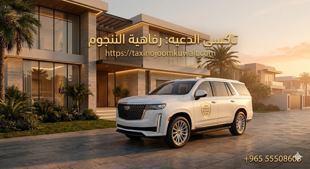 تاكسي الدعيه - تكسي النجوم الكويت VIP - رقم الهاتف 55508608. مشهد بانورامي ليلى فاخر، Range Rover Yellow VIP 2026 تسير على جسر الكويت المضيء. تم التطوير بواسطة شركة الأيقونة +201222327329.