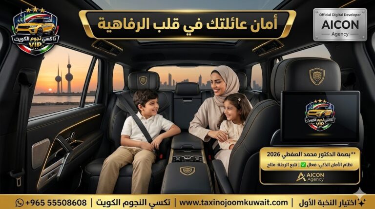 تاكسي الفيحاء تكسي النجوم الكويت خدمة عائلية VIP سيدة وأطفالها داخل سيارة فخمة 2026 باللوجو المعتمد رقم 55508608