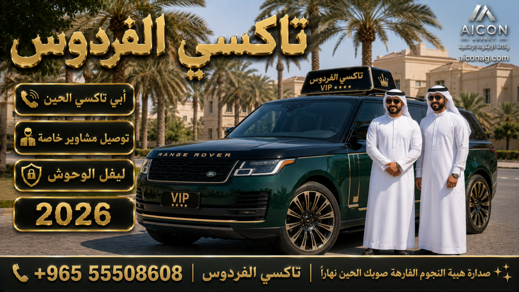 تاكسي الفردوس الفروانية VIP أسطول رينج روفر 2026 رقم 55508608 بإشراف الدكتور محمد الصفطي تطوير وكالة الأيقونة aiconag.com أبي تاكسي الحين توصيل مشاوير خاصة
