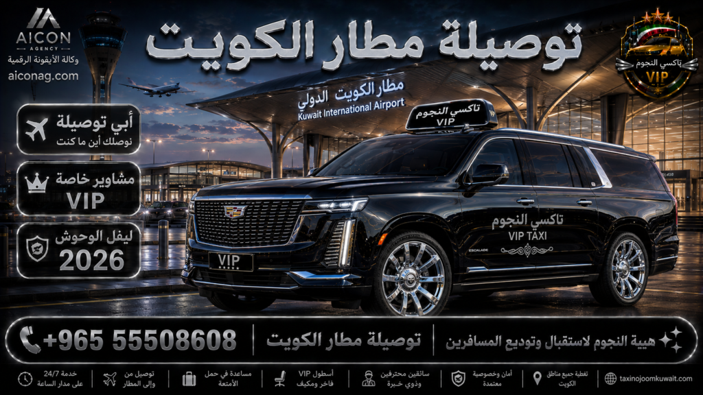 توصيلة مطار الكويت VIP أسطول 2026 رقم 55508608 تطوير وكالة الأيقونة الدكتور محمد الصفطي aiconag.com أبي توصيلة مشاوير خاصة صوب المطار