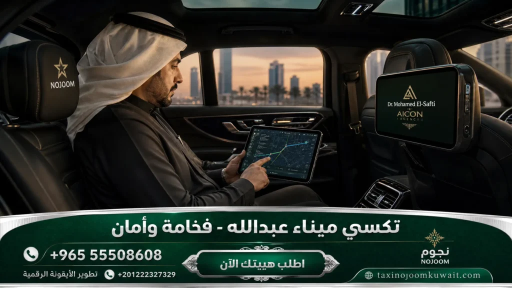 مقصورة داخلية فاخرة لتكسي النجوم مع شاشات عرض ذكية وركاب كويتيين في ميناء عبدالله.