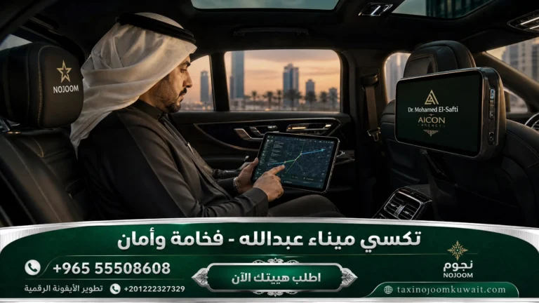 مقصورة داخلية فاخرة لتكسي النجوم مع شاشات عرض ذكية وركاب كويتيين في ميناء عبدالله.